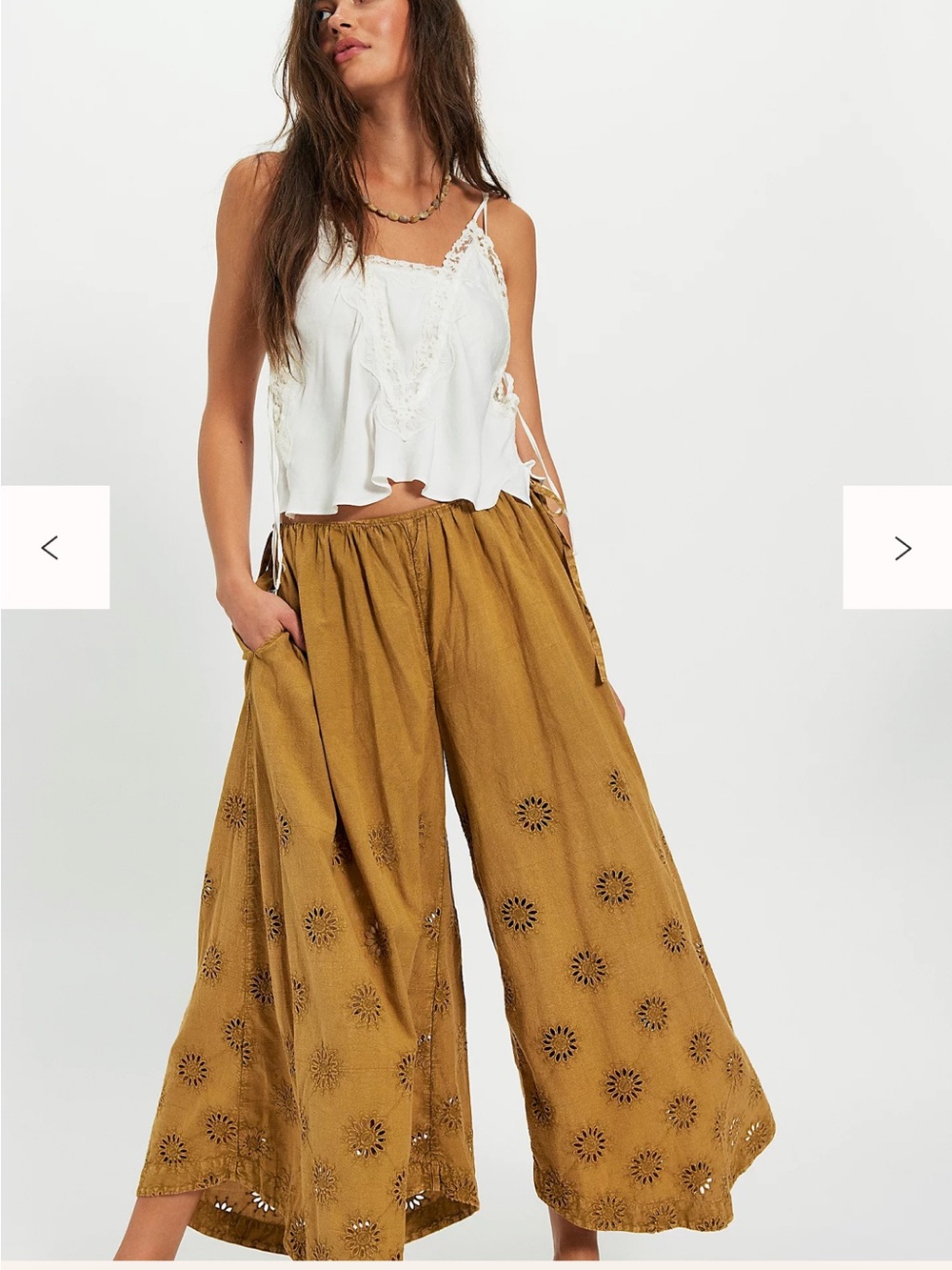 Free People Sweet Serenade Pull-On Wide-Leg Pants 2 Aged Gold NWT Floral Cutwork - Picture 5 of 11